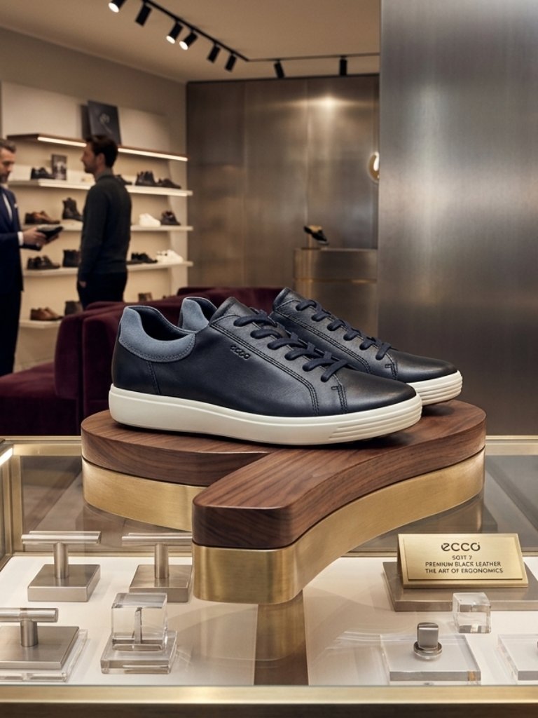 Men's Ecco Soft Sneakers Featuring A Black Leather Upper And A Gray Heel
